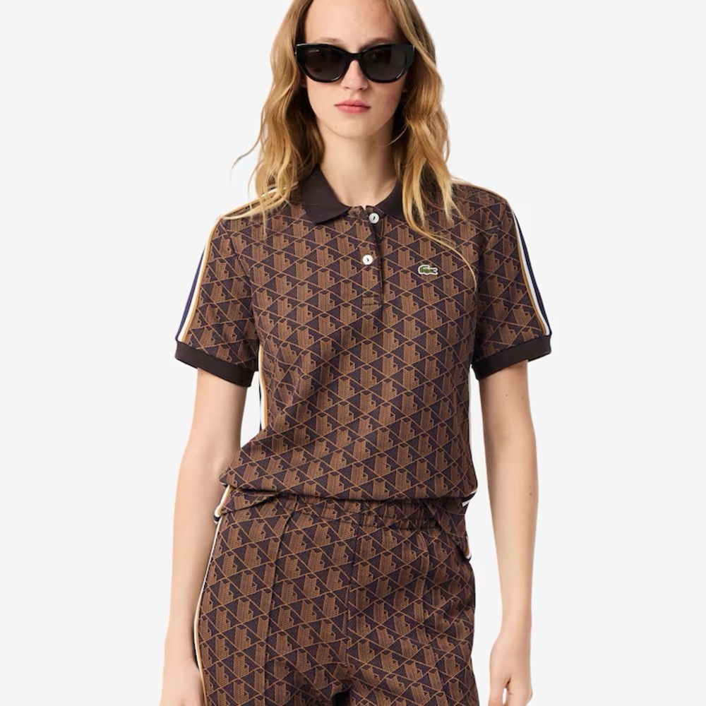 Lacoste Brown Geometric Logo Polo with Stripe Detail Fall 2025